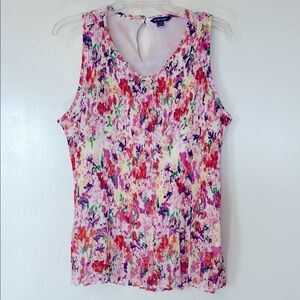 Floral sleeveless blouse in pink, purple, yellow, orange and white, size XL